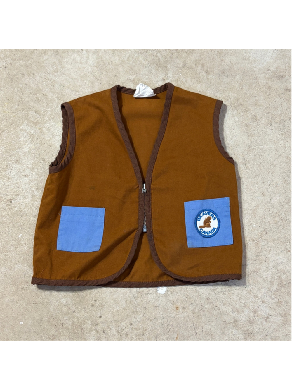 Vintage Beavers Canada Vest Youth Boy’s Size 10 Brown Blue Front Zipper Pockets
